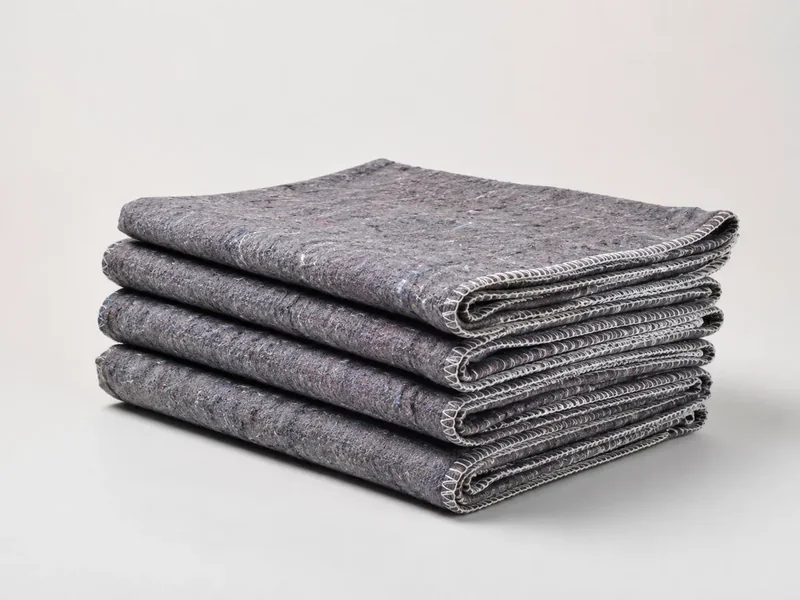 Stacked gray moving blankets in studio product photo
