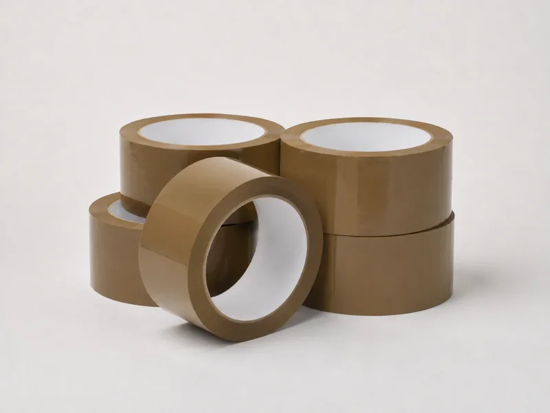 Brown packing tape rolls shown as a realistic illustrative studio image