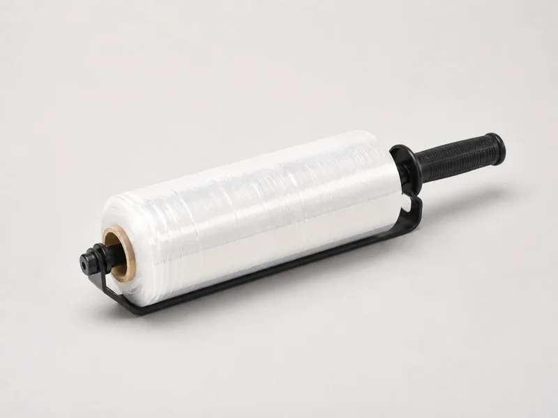 Transparent stretch film with handles shown as a realistic illustrative studio image